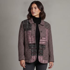 May include: A long-sleeve jacket featuring a patchwork design in shades of brown, mauve, and black. The garment has a collared neckline, a button-front closure with five visible buttons, and a textured fabric construction with varied patterns.