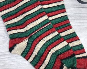 Knitted Wool Christmas Stocking, Red Green White yarn, Striped pattern