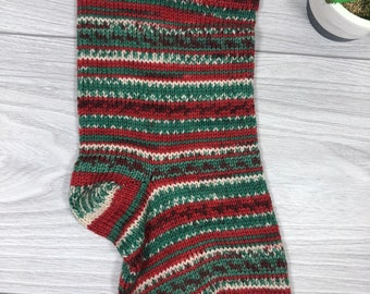 Knitted Wool Christmas Stocking, Red Green White yarn, Fair Isle pattern