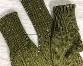 2 Lengths Knitted Adult Leg Warmers, Light Olive Tweed Wool Leg Warmers, Knit Wool Leg Warmers, 18 in/45 cm high or 23 in/58cm Merino Tweed