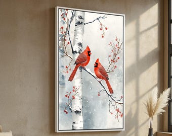 Winter Cardinals on Birch Tree | Red Birds Canvas Wall Art | Nature Wildlife Poster for Home Decor | Framed Ready to Hang Art