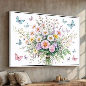Butterfly and Flower Wall Art | Watercolor Floral Bouquet Poster or Canvas | Pastel Garden Print for Nursery or Spring Decor | Ready to Hang