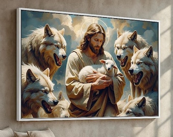 Jesus Protecting Lamb Canvas Poster | Christian Wall Art of Good Shepherd with Wolves | Religious Faith Decor for Home & Church