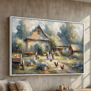 Farmhouse Wall Art Print | Vintage Country Family Scene with Chickens | Rustic Cottagecore Decor for Kitchen or Entryway | Ready to Hang