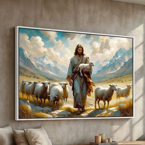 Jesus and Lamb Canvas Print | The Good Shepherd Leading His Flock | Christian Wall Art for Home, Church, or Prayer Room | Ready to Hang