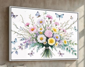 Watercolor Wildflower Bouquet Wall Art | Pastel Floral Canvas Poster with Butterflies | Cottagecore Decor or Gift for Her | Ready to Hang
