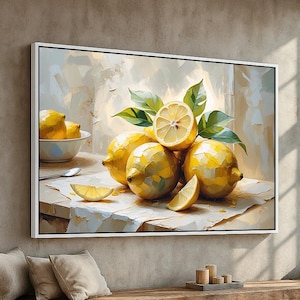 Lemon Still Life Canvas Wall Art | Kitchen Fruit Painting Print | Rustic Farmhouse Citrus Decor for Dining Room or Cafe | Ready to Hang