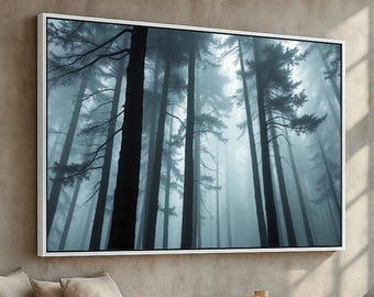 Foggy Pine Forest Wall Art | Dark Moody Woodland Landscape Print | Atmospheric Nature Poster for Cabin or Bedroom | Ready to Hang Wall Art
