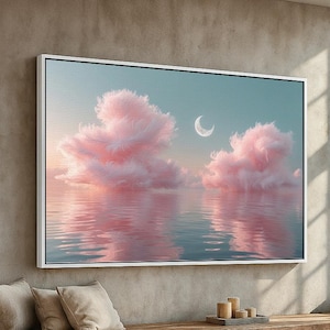 Dreamy Pink Clouds and Crescent Moon | Surreal Sky Landscape Canvas Poster | Whimsical Wall Art for Bedroom Decor Ready to Hang