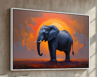 May include: A framed canvas art print depicts a blue elephant standing in front of a vibrant orange sunset. The artwork has a painterly style, with visible brushstrokes and a warm color palette. The elephant's tusks are white, and the background features clouds.