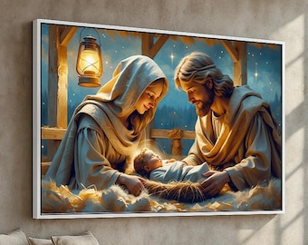 Holy Family Nativity Scene | Baby Jesus with Mary and Joseph | Christian Christmas Wall Art | Religious Home Decor | Ready to Hang