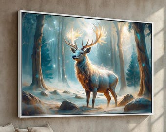 Majestic White Stag in Enchanted Forest | Fantasy Wildlife Canvas & Poster Wall Art | Nature Lover Gift | Ready to Hang
