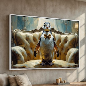 May include: A framed artwork depicts a penguin wearing a bow tie, standing on a tufted yellow sofa. The penguin is the focal point, set against a backdrop of a room with ornate details. The artwork is displayed above a wooden bench with pillows.