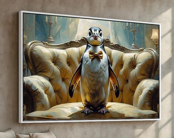 Dapper Penguin Wall Art | Funny Animal Canvas or Poster | Penguin in Bow Tie Sitting on Royal Chair | Whimsical Living Room Decor