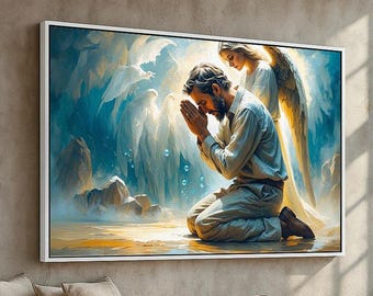 Man in Prayer with Guardian Angel | Christian Wall Art Canvas or Poster | Spiritual Religious Decor | Faith and Prayer Artwork Ready to Hang