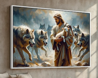 Jesus Protecting Lamb from Wolves | Christian Wall Art Canvas or Poster | Religious Spiritual Decor | Faith and Protection Artwork