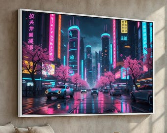 Cyberpunk Neon City Wall Art | Futuristic Cherry Blossom Canvas Poster | Sci Fi Night Street Scene Home Decor for Gamers | Ready to Hang