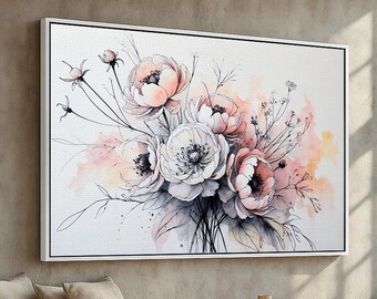 Watercolor Floral Bouquet | Pink and White Peony Canvas Poster | Modern Botanical Wall Art | Elegant Flower Decor Ready to Hang