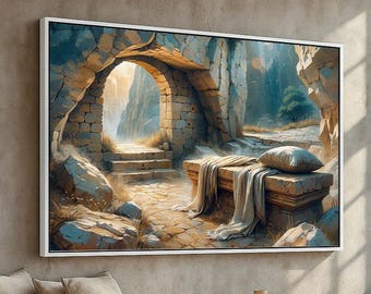 He Is Risen Resurrection Wall Art | Empty Tomb Christian Canvas Poster | Easter Faith Decor | Religious Gift Artwork Ready to Hang