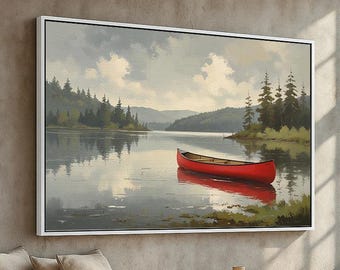 Red Canoe Lake Wall Art | Peaceful Nature Landscape Canvas or Poster | Rustic Cabin or Lodge Decor | Misty Morning Reflection Ready to Hang
