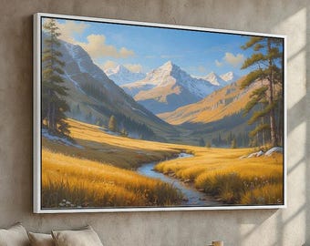 Golden Valley Mountain Canvas & Poster | Peaceful Nature Landscape Wall Art | Rustic Cabin or Fall Decor | Ready to Hang Print