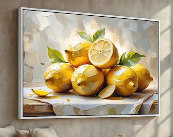 Lemon Still Life Canvas Wall Art | Bright Yellow Fruit with Leaves | Fresh Kitchen or Dining Room Decor | Ready to Hang Poster or Canvas