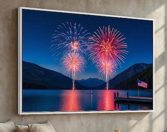4th of July Fireworks Over Lake | Patriotic Wall Art Canvas or Poster | American Flag Nature Scene for Cabin or Home | Ready to Hang