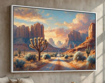 Desert Canyon Road Landscape | Southwest Sunset Scene Canvas & Poster | Western Wall Art for Rustic or Modern Decor | Ready to Hang