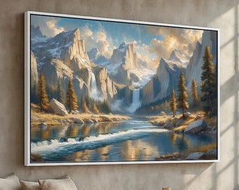 Majestic Mountain Waterfall Landscape | Scenic River Valley Wall Art Canvas & Poster | Nature Painting for Home Decor | Ready to Hang