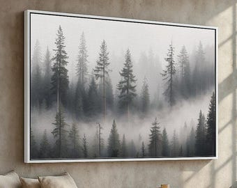 Misty Pine Forest Canvas & Poster | Moody Foggy Woodland Landscape Wall Art | Minimal Nature Decor for Cabin or Office | Ready to Hang