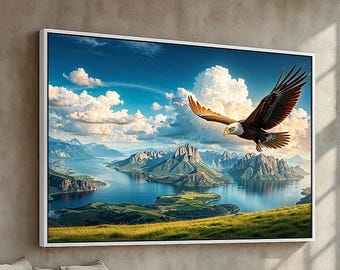 Majestic Bald Eagle Soaring Over Mountain Lake | Wildlife Nature Wall Art for Home Office or Cabin | Ready to Hang Poster or Canvas