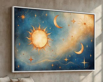 Celestial Sun and Moon Wall Art | Boho Starry Sky Canvas or Poster | Astrology Cosmic Decor | Spiritual Gift for Home | Ready to Hang