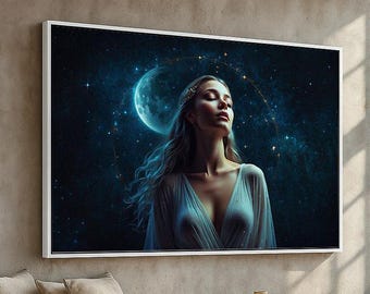 Celestial Goddess Portrait | Ethereal Moonlight Woman Wall Art | Mystical Night Sky Canvas & Poster | Ready to Hang Home Decor