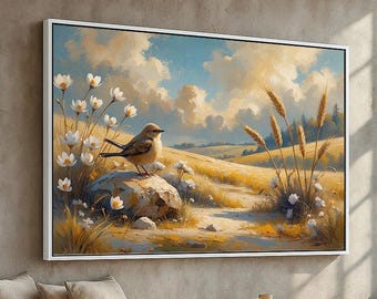 Golden Meadow Bird Scene | Peaceful Countryside Nature Wall Art Canvas & Poster | Rustic Farmhouse Decor for Home or Office | Ready to Hang