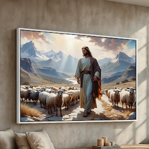 Jesus the Good Shepherd | Christian Wall Art with Mountains & Light | Faith-Based Poster or Canvas | Ready to Hang Home Decor