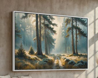 May include: A framed landscape painting depicts a misty forest scene with tall trees and a dirt path. The artwork features a palette of greens, blues, and browns, with sunlight filtering through the trees. The painting is displayed above a wooden bench with pillows.