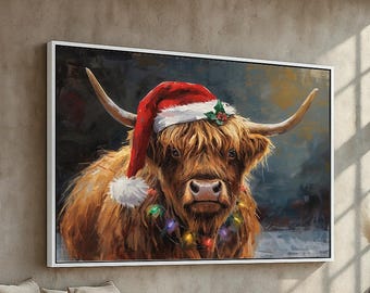 Christmas Highland Cow Canvas Wall Art | Festive Farmhouse Decor with Santa Hat & Lights | Rustic Holiday Animal Art | Ready to Hang