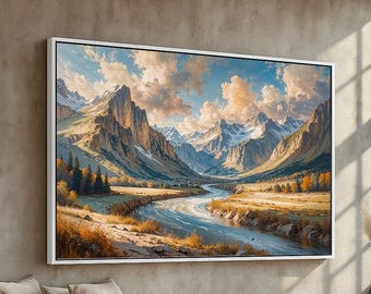 Serene Mountain River Wall Art – Golden Valley Landscape Canvas | Nature Lodge & Cabin Decor | Peaceful Wilderness Scene | Ready to Hang