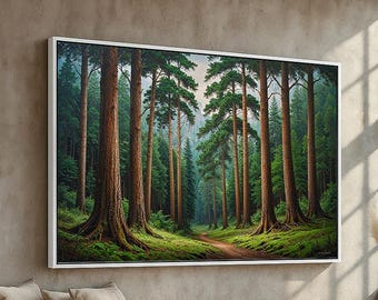 May include: A framed landscape painting of a forest scene. Tall, brown tree trunks rise from a green forest floor, with a path leading into the distance. The artwork is displayed above a wooden bench with pillows.