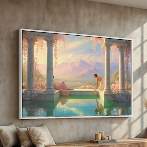 May include: A framed canvas print depicts a serene scene with classical architecture, a pool, and figures. The artwork features pastel colors, including pink, blue, and white, with a mountain backdrop. The print is mounted on a white frame, adding a touch of elegance.