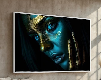 Golden Vision Portrait | Futuristic Blue & Gold Abstract Face Art | Bold Modern Canvas Wall Decor | Luxury Surreal Artwork Ready to Hang