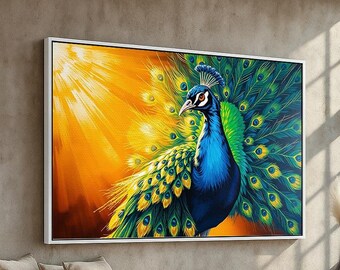 Vibrant Peacock Canvas Wall Art | Bold Blue & Gold Bird Painting | Colorful Nature Artwork for Living Room or Office | Luxury Decor