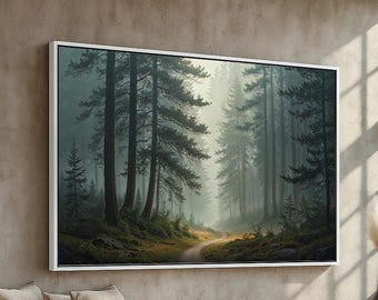 May include: A framed landscape painting depicts a misty forest scene with tall, dark green trees and a winding path. The artwork is mounted on a white frame and hangs above a wooden bench with pillows. The overall color palette is muted, with shades of green, brown, and gray.
