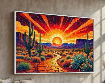 Southwestern Desert Sunset Canvas | Colorful Cactus Landscape Art