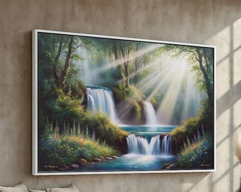Heavenly Waterfall Canvas Wall Art | Peaceful Nature Landscape | Sunlit Forest Stream & Floral Scenery | Serene Home Decor | Ready to Hang