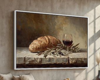 Rustic Bread and Wine Still Life Canvas Wall Art | Old World Kitchen & Dining Decor | Classic Farmhouse Art | Ready to Hang