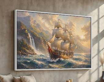 Sailing Ship Ocean Canvas Wall Art | Vintage Tall Ship Painting | Nautical Seascape Decor | Coastal Adventure Artwork | Maritime Gift