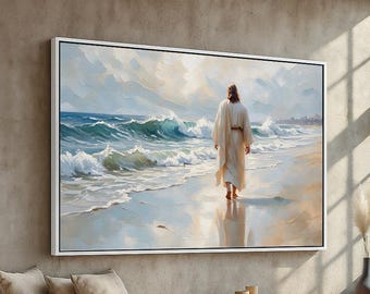 Jesus Walking on the Beach Wall Art | Tranquil Christian Canvas or Poster | Faith and Reflection Ocean Scene | Ready to Hang Spiritual Decor