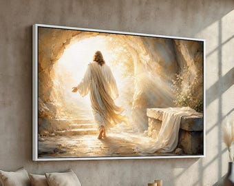He Is Risen Canvas Wall Art | Resurrection Morning Scene from Empty Tomb | Christian Easter Decor for Home or Church | Ready to Hang
