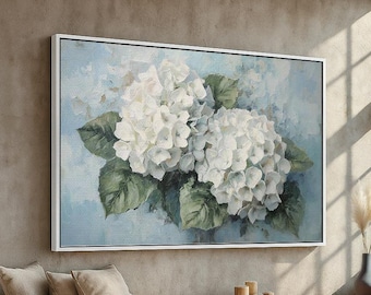 White Hydrangea Floral Canvas Wall Art | Elegant Botanical Painting Decor | Soft Neutral Home Accent | Framed Ready to Hang Art